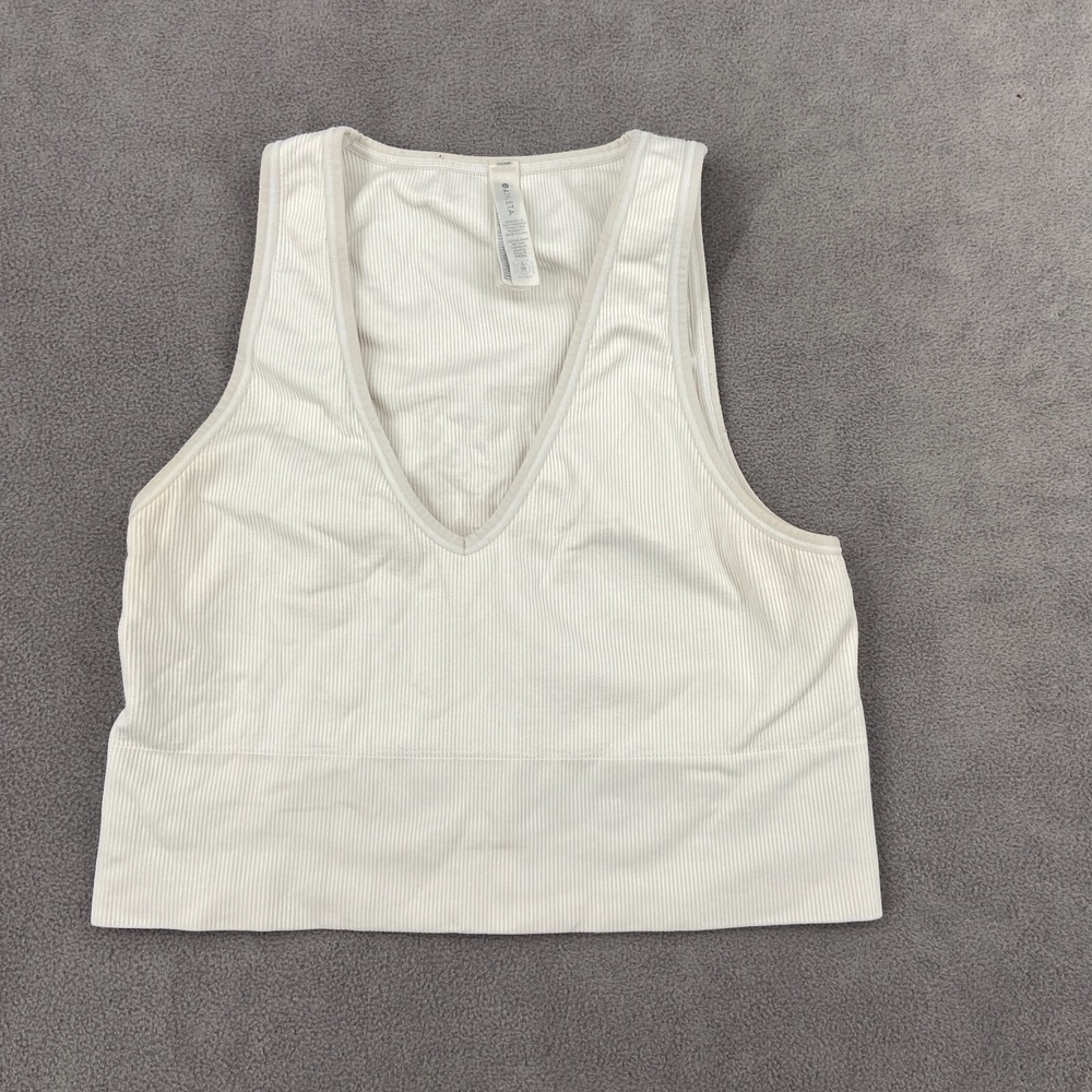 Athleta Ribbed Cropped Tank Top Womens Large White V Neck Athletic Running Yoga
